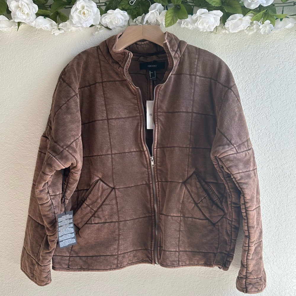 NWT Forever 21 Brown Quilted Rustic Jacket Medium Full zip up